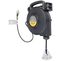 TerraBloom 40 Ft 12/3 Retractable Extension Cord Reel - 2 in 1 Mountable & Portable Power Cord Reel with 3 Electrical Outlets - SJTW Heavy Duty Black Case and Black Cable with Lighted Power Block