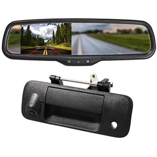 EWAY for Toyota Tundra 2007-2014 4.3'' Rear View Mirror Monitor with Tailgate Handle Backup Camera Kit Parking Waterproof CCD Reverse Reversing Night Vision Car Safety Backing Auto Cameras