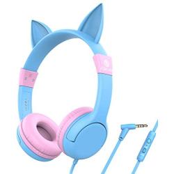 iClever Boostcare Kids Headphones with Microphone, 85/94dB Volume Control, Cat Ear Hello Kitty Headphones for Boys Girls, Childrens Headphones for School/Travel/Tablet/E-Learning/iPad, Blue Pink