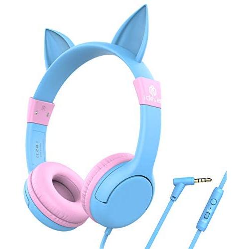iClever Boostcare Kids Headphones with Microphone, 85/94dB Volume Control, Cat Ear Hello Kitty Headphones for Boys Girls, Childrens Headphones for School/Travel/Tablet/E-Learning/iPad, Blue Pink