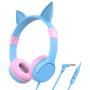 iClever Boostcare Kids Headphones with Microphone, 85/94dB Volume Control, Cat Ear Hello Kitty Headphones for Boys Girls, Childrens Headphones for School/Travel/Tablet/E-Learning/iPad, Blue Pink