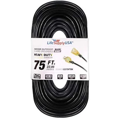 75 ft Extension Cord 12/3 SJTW with Lighted end - Black - Indoor / Outdoor Heavy Duty Extra Durability 15 AMP 125 Volts 1875 Watts by LifeSupplyUSA