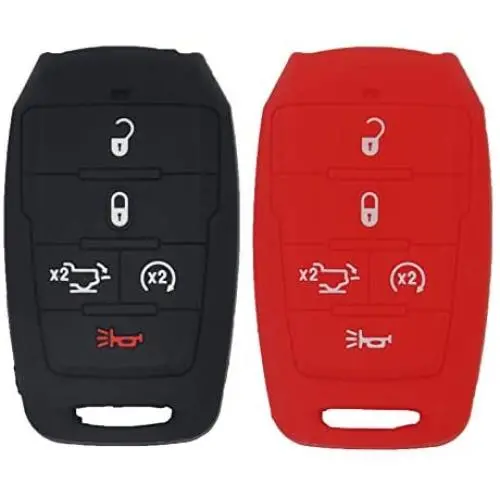 WEIBISS 2 Pack 5 Buttons Protective Rubber Smart Key Fob Shell Remote Cover Case Protector Wallet Keyless Jacket for Dodge 2021 2020 2019 Ram 1500 Pickup 68291690AB/AC/AD, Black Red