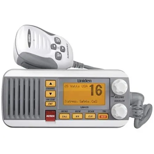 Uniden UM435 Advanced Fixed Mount VHF Marine Radio, All USA/International/Canadian Marine Channels Including New 4-Digit, CDN “B” Channels, 1 Watt/25 Watt Power, Waterproof IPX8 Submersible, White