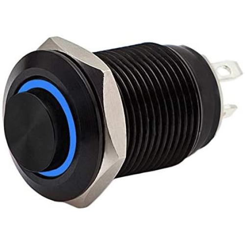 12mm 1/2'' Momentary Push Button Switch 1NO SPST Black Metal Shell LED Ring Light Waterproof Toggle Switches (Blue Light)