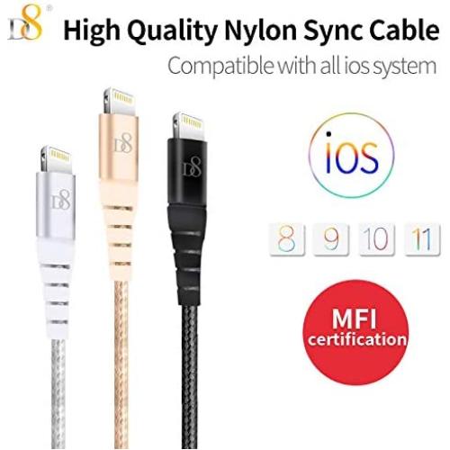 D8 SC-0301 Lightning Cable, Nylon Sync Tangle-Free, Fast Charging Cable with Apple 8 Pin Connector, MFI Certified 3 Colors (Gold), Compatible with All iPhone and ipad Products.