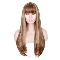 Smooth light brown long wig, slightly curly synthetic fiber, broken bangs wig, heat-resistant clothing wig, natural-colored female party hairstyle