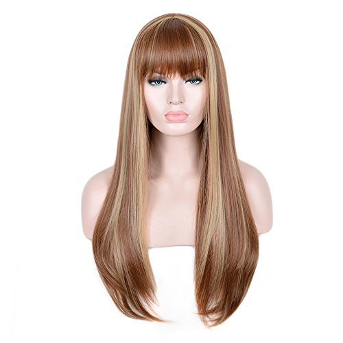 Smooth light brown long wig, slightly curly synthetic fiber, broken bangs wig, heat-resistant clothing wig, natural-colored female party hairstyle