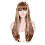 Smooth light brown long wig, slightly curly synthetic fiber, broken bangs wig, heat-resistant clothing wig, natural-colored female party hairstyle