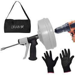 DrainX SPINFEED 50 Foot Drum Auger | Use Manually or Drill Powered - Auto Extend and Retract Plumbing Snake | Work Gloves and Storage Bag Included