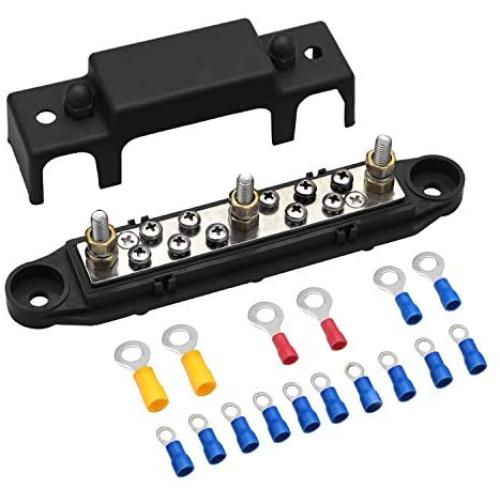 Mofeez Bus Bar -3x1/4” Post, 10x#8 Screw Terminal Power Distribution Block with Ring Terminals（Single-Black）