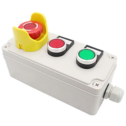 mxuteuk Red Green with 110V LED Light Waterproof IP65 Momentary Push Switch, 2NC Red Mushroom Emergency Stop Button with Protective Cover Anti-misoperation 10A 600V, IP67 ABS Box Station MX-BOX-03
