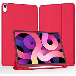 iMieet Case for New iPad Air 4th Generation 10.9 Inch 2020 with Pencil Holder [Support Touch ID and iPad 2nd Pencil Charging/Pair], Trifold Stand Smart Case with Soft TPU Back,(Red)