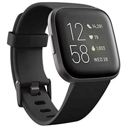 Fitbit Versa 2 Health and Fitness Smartwatch with Heart Rate, Music, Alexa Built-In, Sleep and Swim Tracking, Black/Carbon, One Size (S and L Bands Included)