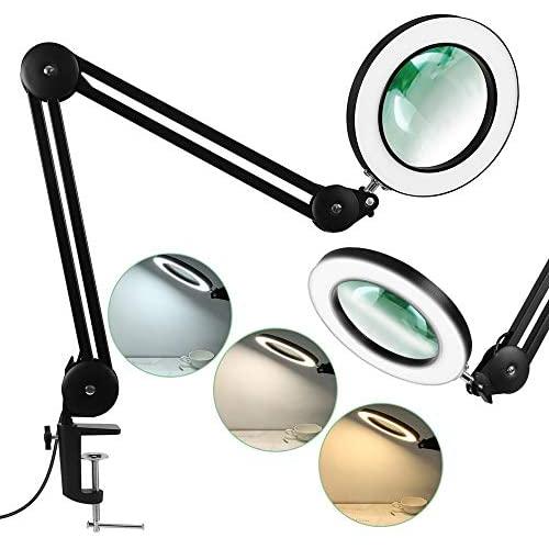 LANCOSC Magnifying Glass with Light for Close Work, 5-Diopter, 3 Color Modes, Stepless Dimmable, Adjustable Swivel Arm with Clamp, LED Magnifier Desk Lamp for Repair, Crafts, Reading, Sewing - Black