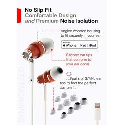 Symphonized NRG MFI Earbuds, Certified Lightning Earbuds Compatible with Apple iPhone/iPad/iPod, Premium Genuine Bubinga Wood in-Ear Noise Isolating Earphones, Stereo Wired Headphones (White)