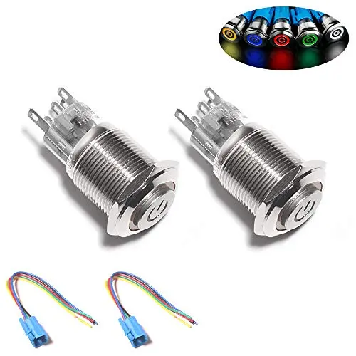 Monrand 16mm Latching Push Button Switch,12V DC ON/Off Self-Locking Latching Push Button Switch Waterproof LED Light Toggle Switches with Wire Socket Plug 1/2'' Mounting Hole,Blue Light