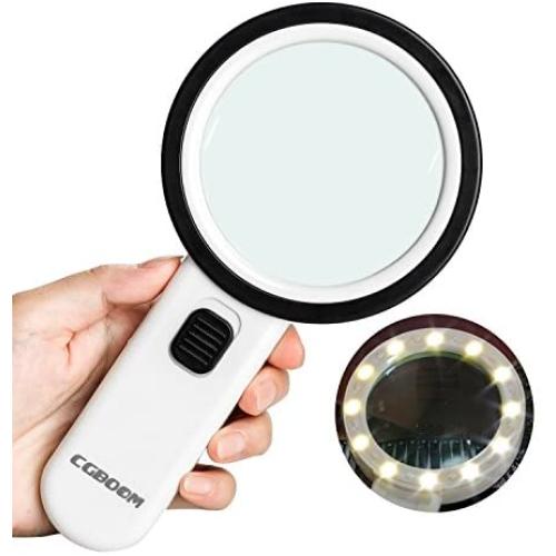 Magnifier Magnifying Glass with Light, 10X Handheld Lighted Led Magnifier with 12 LEDs Double Glass Lens for Seniors Reading, Coins, Stamps, Map,Jewelry, Inspection, Macular Degeneration