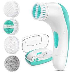 【2021 Upgraded】ETEREAUTY Facial Cleansing Brush, Waterproof Face Brush with 4 Brush Heads and a Protective Case - Deep Cleansing, Gentle Exfoliating, Removing Blackhead for Face and Body, Cyan