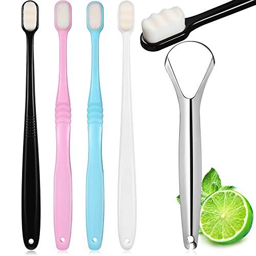 4 Pieces Micro-Nano Manual Toothbrush Extra Soft Toothbrush Soft Bristles Manual Toothbrush with 20,000 Bristles and Tongue Scraper for Sensitive Teeth Adults Pregnant Women