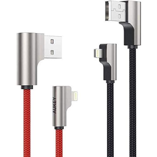 AUKEY Right Angle Lightning Cable (6.6ft - 2 Pack) Nylon Braided [ Apple MFi Certified ] Ideal for Playing Games iPhone Charging Cable Compatible with iPhone 11 / X / 8 / 6, iPad