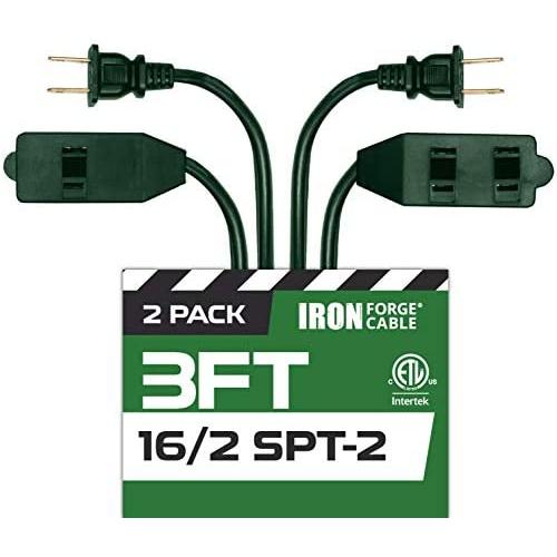 3 Ft Green Extension Cord 2 Pack - 16/2 Durable Electrical Cable with 3 Power Outlets - Great for Powering Christmas Decorations