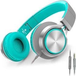 AILIHEN C8 Wired Headphones with Microphone and Volume Control Folding Lightweight Headset for Cellphones Tablets Smartphones Chromebook Laptop Computer PC Mp3/4 (Grey/Mint)