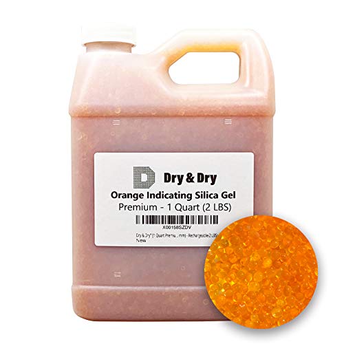 Dry & Dry [1 Quart Premium Orange Indicating Silica Gel Desiccant Beads(Industry Standard 2-4 mm) - Rechargeable Silica Gel Beads(2 LBS)