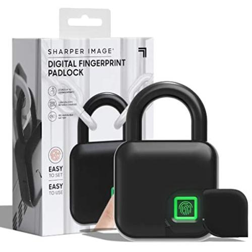 SHARPER IMAGE Fingerscan Digital Padlock, Biometric Keyless Code-Free Smart Lock, Rechargeable and IP66 Waterproof, Swing Panel