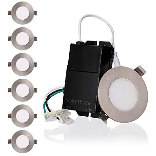 TORCHSTAR Premium 7W 3-Inch Ultra-Thin LED Recessed Light with J Box, 3000K Warm White, Dimmable Slim Panel Downlight, 400lm, ETL & Energy Star, 5 Years Warranty, Satin Nickel Finish, Pack of 6