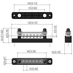 2 Studs 6 Terminal Grounding Bus Bar - 150A DC BusBar Block & Polycarbonate Cover for Car Boat Marine Ground Power Distribution Terminal Block