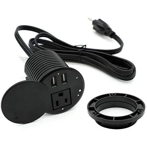 Power Grommet for Desk, Recessed Hidden Mounted Desktop Power Data Outlet with Cover 1 AC Outlets and 2 USB Ports 6.5 ’ft Heavy Duty Power Cord