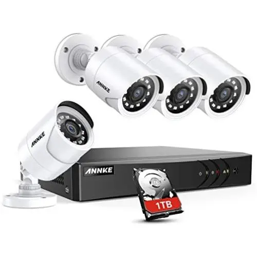 ANNKE 8 Channel Security Camera System 5-in-1 5MP lite H.265+ DVR with 1TB Surveillance Hard Disk Drive and (4) Weatherproof HD-TVI Bullet Cameras with IR-cut Night Vision LEDs, Instant email alert-Y200