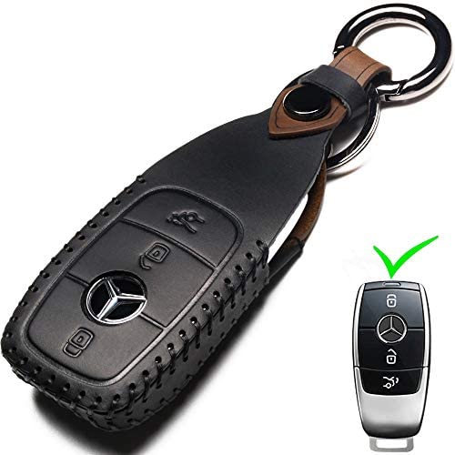 Leather Mercedes-Benz Key Fob Cover, Suit for Keyless Remote Control for Benz A C E S Class Series and GLK CLA GLA GLC GLE CLS SLK AMG Series etc (A-Black)