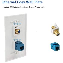 Ethernet Coax Wall Plates, 2 Pack Cat6 RJ45 Coax Wall Plate 1 Ethernet Port and 1 Gold-Plated TV Coax F Type Port RFAdapter for Satellite and TV, White