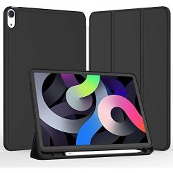 iMieet iPad Air 4th Generation Case 2020, iPad 10.9 Inch Case 2020 with Pencil Holder [Support Touch ID and iPad 2nd Pencil Charging/Pair], Trifold Stand Smart Case with Soft TPU Back (Black)