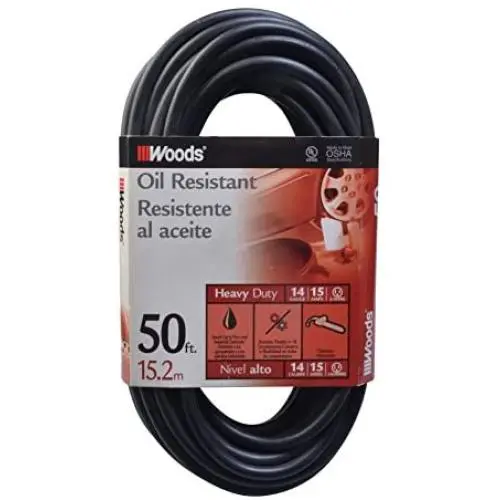 Woods 982452 50-Foot SJTOW Agricultural Outdoor Heavy Duty All- Weather Extension Cord, Oil Resistant Vinyl Jacket, Versatile Use, Powerful 15 Amps, 125 Volts, 1,875 Watt Extension Cord, Black