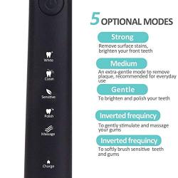 Seago Sonic Electric Toothbrush, Rechargeable Electronic Toothbrush for Adults soft with Brush Heads, Smart Timer, Whitening, Black