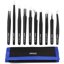 Precision Tweezers Set, XOOL 10 PCS ESD Tweezers Set, Anti-Static Stainless Steel Tweezers Kit, Non-magnetic and Multi-standard Stainless Steel Tweezers for Lab, Electronics, Jewelry and Detailed Work