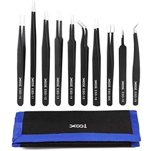 Precision Tweezers Set, XOOL 10 PCS ESD Tweezers Set, Anti-Static Stainless Steel Tweezers Kit, Non-magnetic and Multi-standard Stainless Steel Tweezers for Lab, Electronics, Jewelry and Detailed Work