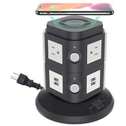 Power Strip Tower with 10W Wireless Charger, QBA Vertical Charging Station 3000W 13A Spin Standing Surge Protector with 6 AC Outlets+4 USB Ports+6.5ft Extension Cord for Home Office Classroom