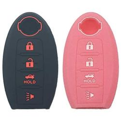 LemSa 2Pcs Keyless Entry Remote Car Smart Key Fob Outer Shell Cover Soft Rubber Protective Case for Nissan Altima Maxima Murano Armada Gt-r Sentra Altima Rogue Pathfinder, 4 Buttons Black+Pink