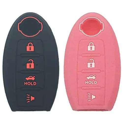 LemSa 2Pcs Keyless Entry Remote Car Smart Key Fob Outer Shell Cover Soft Rubber Protective Case for Nissan Altima Maxima Murano Armada Gt-r Sentra Altima Rogue Pathfinder, 4 Buttons Black+Pink