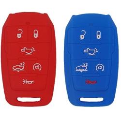 WEIBISS 2 Pack 6 Buttons Silicone Remote Key Fob Cover Protector Case Holder Skin Jacket for Dodge 2019 2020 2021 Ram 1500 Laramie Longhorn, Red Blue