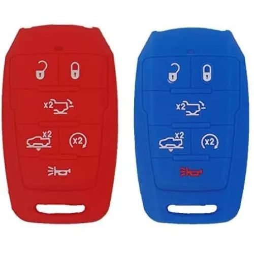 WEIBISS 2 Pack 6 Buttons Silicone Remote Key Fob Cover Protector Case Holder Skin Jacket for Dodge 2019 2020 2021 Ram 1500 Laramie Longhorn, Red Blue