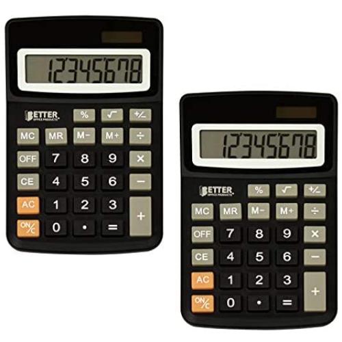 Desktop Calculators, Handheld Angled 8-Digit LCD Display, 2 Pack, by Better Office Products, Standard Function, Black, Dual Power with Included Button Battery, 2 Pack