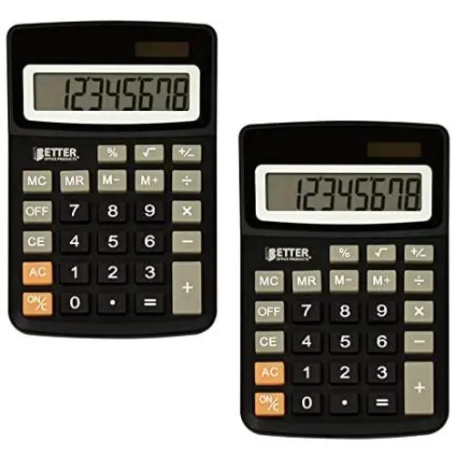 Desktop Calculators, Handheld Angled 8-Digit LCD Display, 2 Pack, by Better Office Products, Standard Function, Black, Dual Power with Included Button Battery, 2 Pack