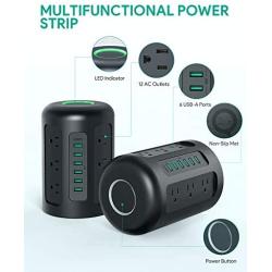 AUKEY Power Strip Tower, 1500 Joules Surge Protector with 6 USB Ports,12 AC Outlets and 5-Foot Heavy Duty Extension Cord for Smartphones, Laptop, Tablet, and More Appliances