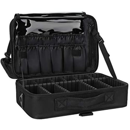 Relavel Makeup Bag Travel Makeup Train Case 13.8 inches Large Cosmetic Case Professional Portable Makeup Brush Holder Organizer and Storage with Adjustable Dividers and Shoulder Strap Black