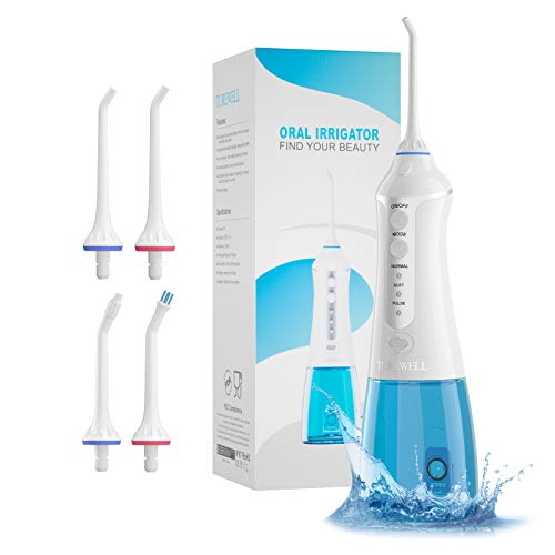 Water Flosser Cordless Dental Oral Irrigator - TUREWELL 300ML Portable and Rechargeable IPX7 Waterproof 3 Modes Water Flosser Teeth Cleaner for Travel & Family Use